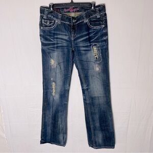 Vintage Y2K Rock & Roll Cowgirl Dark Wash Low Rise Distressed Bootcut Jeans 31